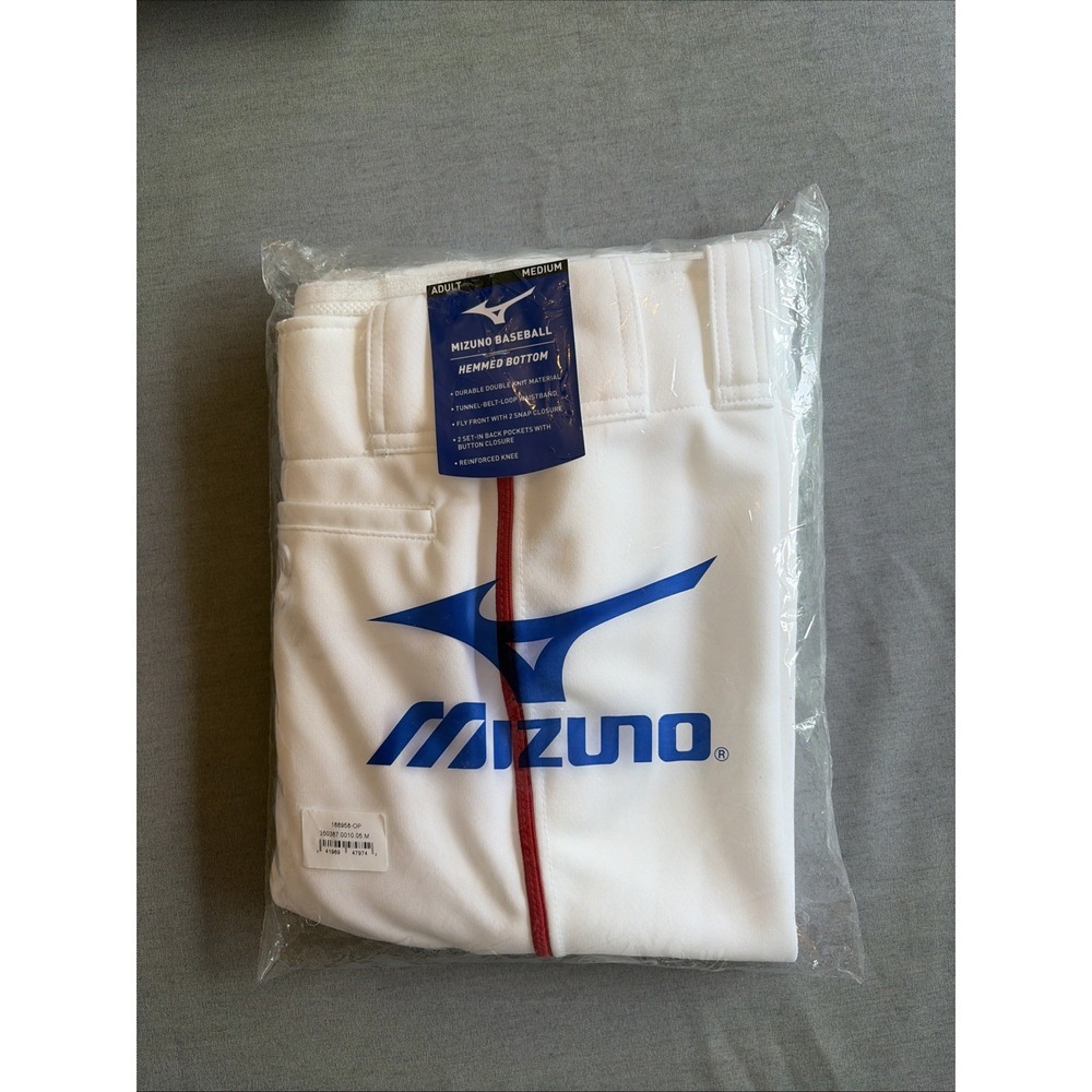 NWT Mizuno Baseball Pants Adult Medium Double Knee Hemmed Bottom White New Red